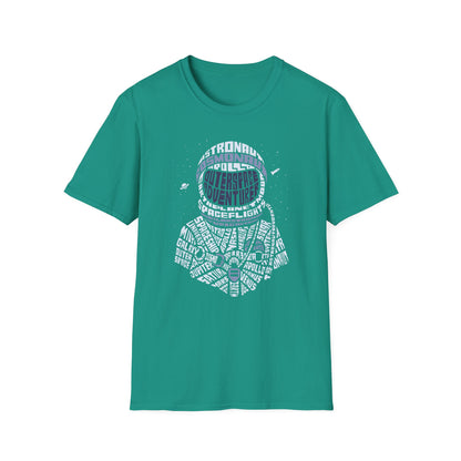 Astronaut Typography T-Shirt — Retro Space Explorer Word Art Tee