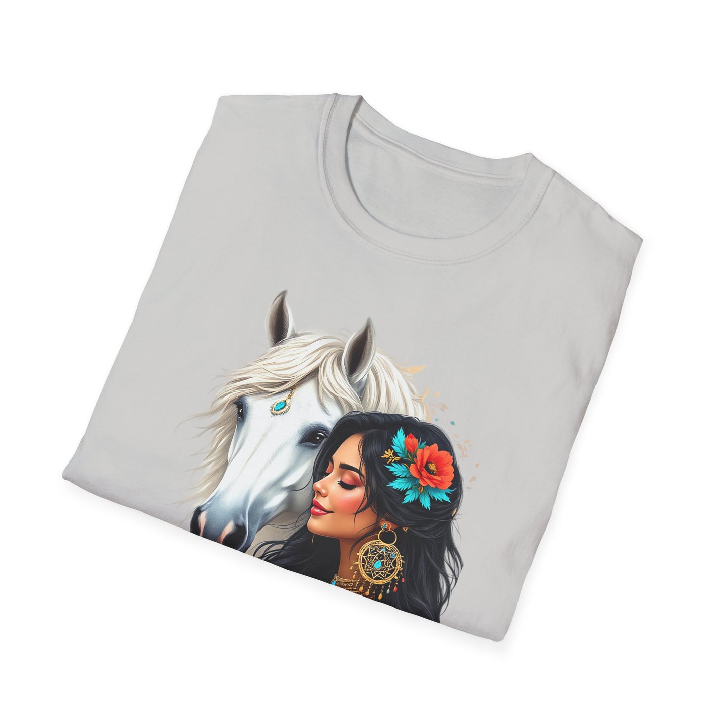 Horse & Floral Portrait T-Shirt — Boho Woman with White Stallion and Poppies